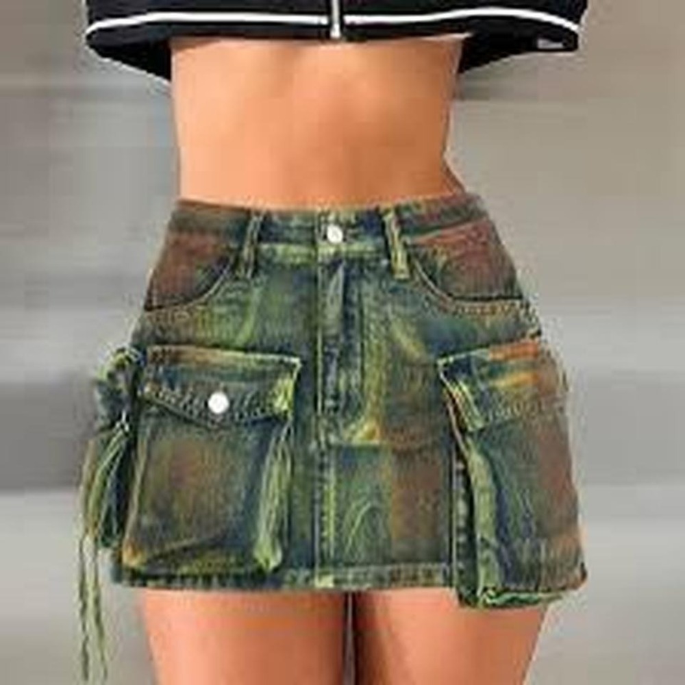 Y2K cargo utility denim mini skirt green‎ orange and blue denim. XL